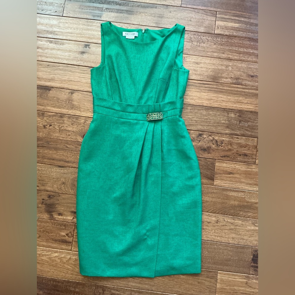 Kay Unger Green Midi Sheath Dress, Jewel Embellished, size 6